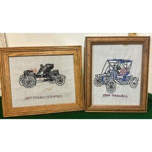 Classic Car Embroidery Needlepoint Wall Hanging Framed Set of 2 Vintage Finished